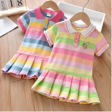 【18M-7Y】Girls Rainbow Striped Bunny Embroidered Short Sleeve Dress - 33145