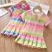 【18M-7Y】Girls Rainbow Striped Bunny Embroidered Short Sleeve Dress - 33145