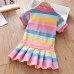 【18M-7Y】Girls Rainbow Striped Bunny Embroidered Short Sleeve Dress - 33145