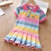 【18M-7Y】Girls Rainbow Striped Bunny Embroidered Short Sleeve Dress - 33145