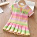 【18M-7Y】Girls Rainbow Striped Bunny Embroidered Short Sleeve Dress - 33145