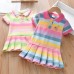 【18M-7Y】Girls Rainbow Striped Bunny Embroidered Short Sleeve Dress - 33145