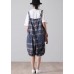 Loose Blue Pockets Plaid Cotton Jeans Jumpsuit Shorts