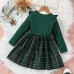 【3M-7Y】2-piece Girls Sweet Plaid Long Sleeve Dress With Hairband - 33255