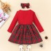 【3M-7Y】2-piece Girls Sweet Plaid Long Sleeve Dress With Hairband - 33255