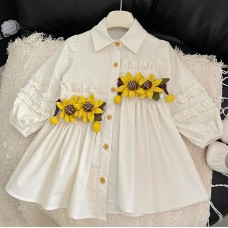 【18M-8Y】Girls Sunflower And Ruffle Design White Shirt Dress