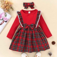 【3M-7Y】2-piece Girls Sweet Plaid Long Sleeve Dress With Hairband - 33255