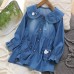 【2Y-8Y】2-piece Girl Sweet Washed Denim Ruffle Cartoon Embroidery Long Sleeve Dress