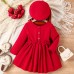 【3Y-7Y】2-piece Girl Elegant Red Corduroy Bowknot Long Sleeve Dress With Hat