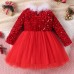 【12M-5Y】Girl Christmas Fur Collar Red Sequins Stitching Layered Tulle Colorblock Long-sleeved Princess Dress