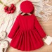 【3Y-7Y】2-piece Girl Elegant Red Corduroy Bowknot Long Sleeve Dress With Hat