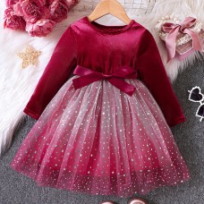 【18M-6Y】Girls Red Velvet Gradient Star Mesh Long Sleeve Dress