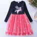 【3Y-8Y】Girls Navy Unicorn Print Mesh Long Sleeve Dress