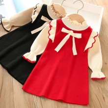 【18M-7Y】Girls Bow Long Sleeve Sweater Dress - 33256
