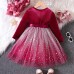 【18M-6Y】Girls Red Velvet Gradient Star Mesh Long Sleeve Dress