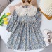 【2Y-7Y】Girls Blue Floral Lapel Long Sleeve Dress