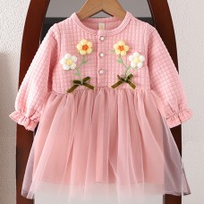 【12M-4Y】Girls Thick Applique Mesh Long Sleeve Dress