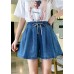 Simple Navy Elastic Waist drawstring Pockets Cotton wide leg Pants Shorts Summer