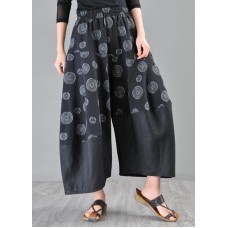 Stylish Black Print asymmetrical design Cotton Linen Wide Leg Pants Summer