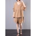 women casual cotton linen khaki two pieces ruffles sleeve blouse with fashion shorts