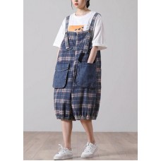 Loose Blue Pockets Plaid Cotton Jeans Jumpsuit Shorts